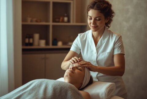 Profesional de estética aplicando un tratamiento facial a una clienta en cabina