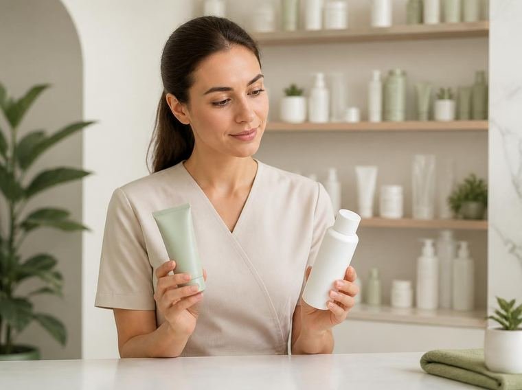 Ilustración de una esteticista comparando cosmética profesional en un centro de estética