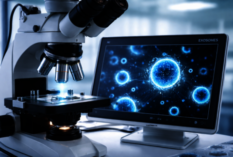 Microscopio y pantalla mostrando una visualización de exosomas en un laboratorio